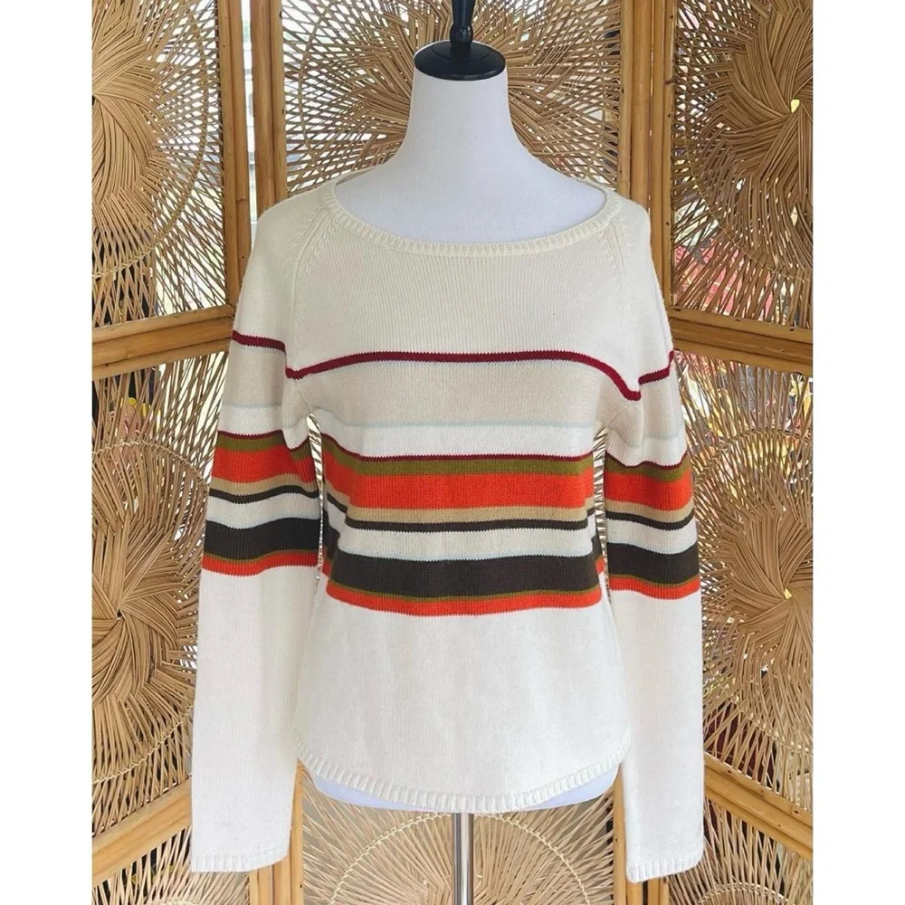 Vintage Calvin Klein Ivory Tone Fall Orange Brown Striped Boat Neck Sweater L - Picture 2 of 5